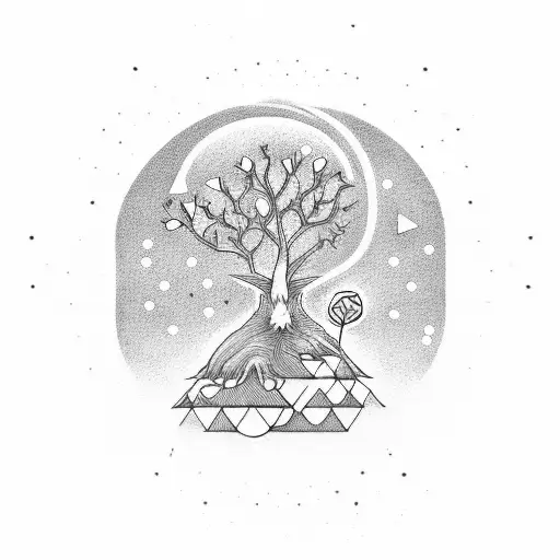 A geometric representation of a kodama with a tree and stars in the background tattoo design idea