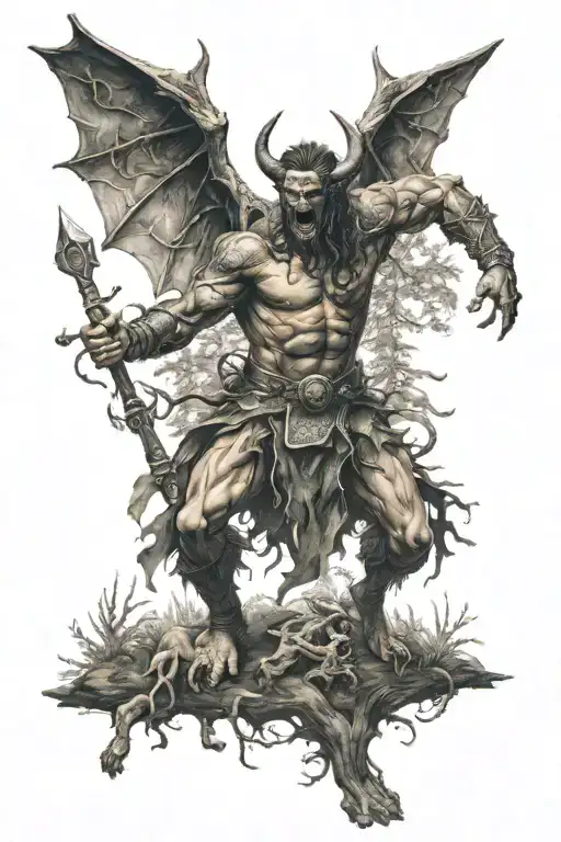 warrior fighting demons in a forest scene tattoo design idea
