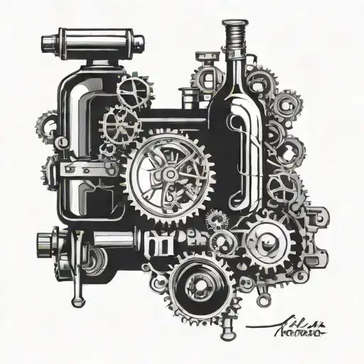 A sleek and modern lorry design incorporating elements of alcohol bottles or glasses, with a background of gears and mechanical details tattoo design idea