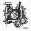 A sleek and modern lorry design incorporating elements of alcohol bottles or glasses, with a background of gears and mechanical details tattoo design idea