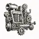 A sleek and modern lorry design incorporating elements of alcohol bottles or glasses, with a background of gears and mechanical details tattoo design idea