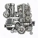 A sleek and modern lorry design incorporating elements of alcohol bottles or glasses, with a background of gears and mechanical details tattoo design idea