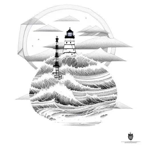 beach mountain lighthouse forest wave in straight line tattoo design idea