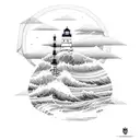 beach mountain lighthouse forest wave in straight line tattoo design idea