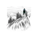 beach mountain lighthouse forest wave in straight line tattoo design idea