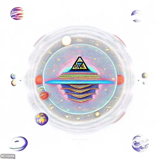 A surreal composition depicting an Aztec pyramid floating in space, with planets and galaxies orbiting around it tattoo design idea