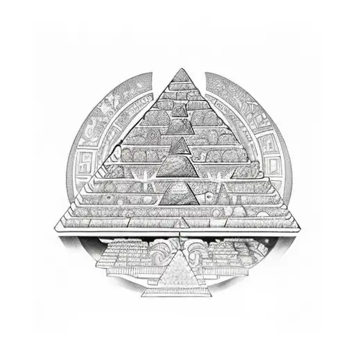 A botanical garden with an Aztec pyramid as the centerpiece, showcasing a variety of exotic plants tattoo design idea