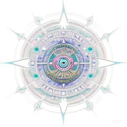 An intricate mandala design incorporating elements of an Aztec pyramid and celestial objects like stars and planets tattoo design idea