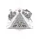 A botanical garden with an Aztec pyramid as the centerpiece, showcasing a variety of exotic plants tattoo design idea