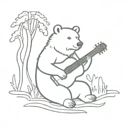 A bear playing a guitar in a serene forest setting tattoo design idea