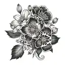 poppy cosmos narcissus cherry bloosom bouquet fine line tattoo design idea