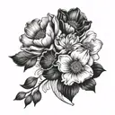 poppy cosmos narcissus cherry bloosom bouquet fine line tattoo design idea