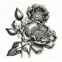poppy cosmos narcissus cherry bloosom bouquet fine line tattoo design idea