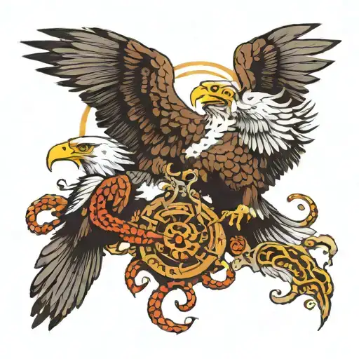 Two eagles performing the Eagle death spiral while fighting over a double headed snake tattoo design idea