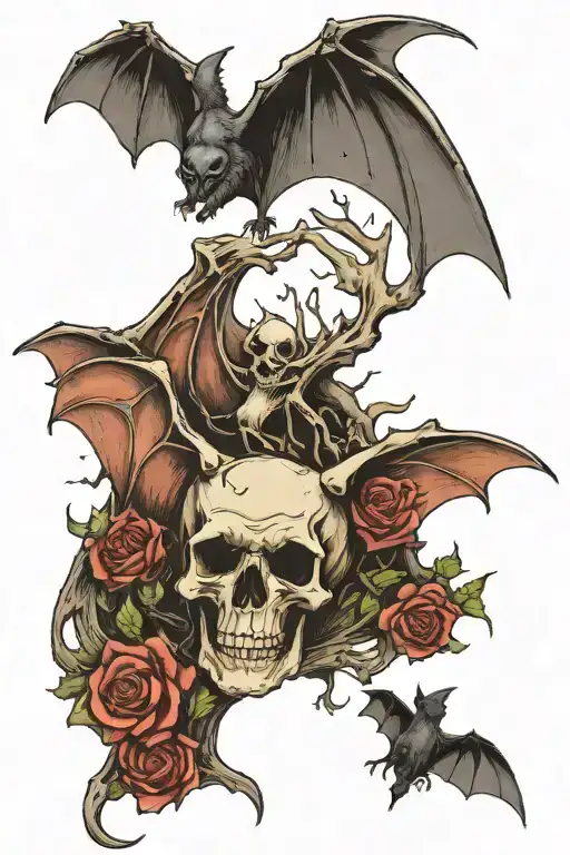 A bat looking over a dead bat that is skeleton after starving to death in the bat doesn't wanna leave its friend tattoo design idea