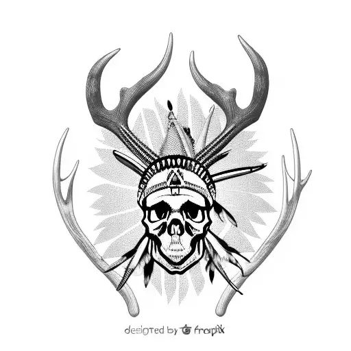skull with Native American feathered headdress and antlers tattoo design idea