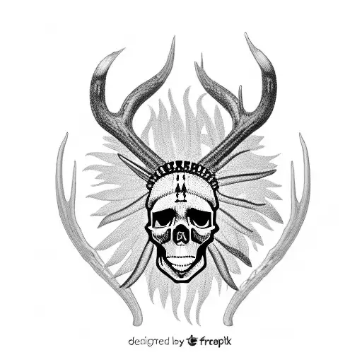 skull with Native American headdress and antlers tattoo design idea