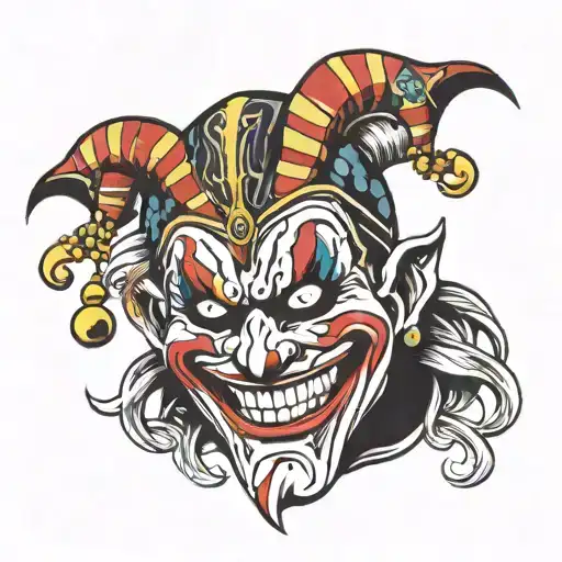 The jester holds a scary carnival Asian mask in his hand and laughs tattoo design idea