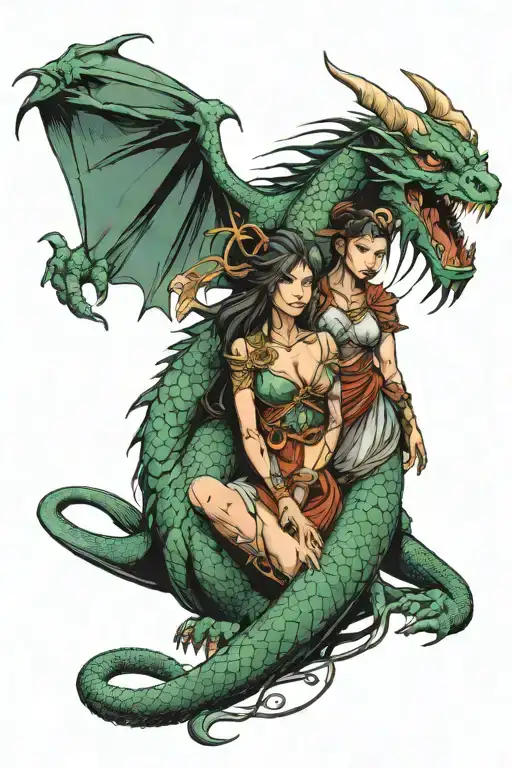 dragon and female warrior tattoo design idea