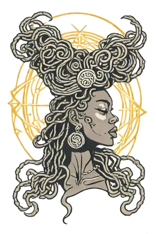 black lady with locs with spiral sun behind her head tattoo design idea