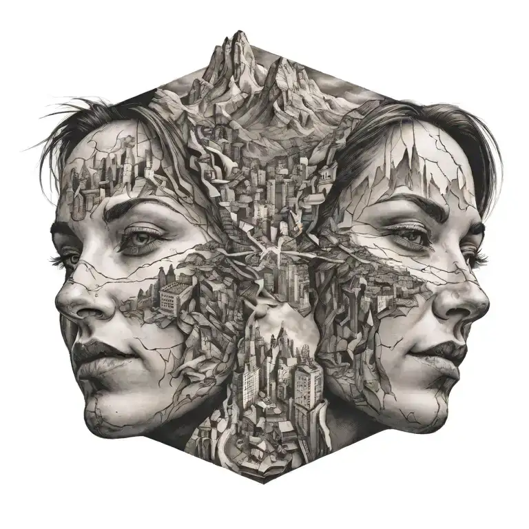 realism  2 womans faces looking each other one morphs into a city and the other morphs into mountain  tattoo design idea