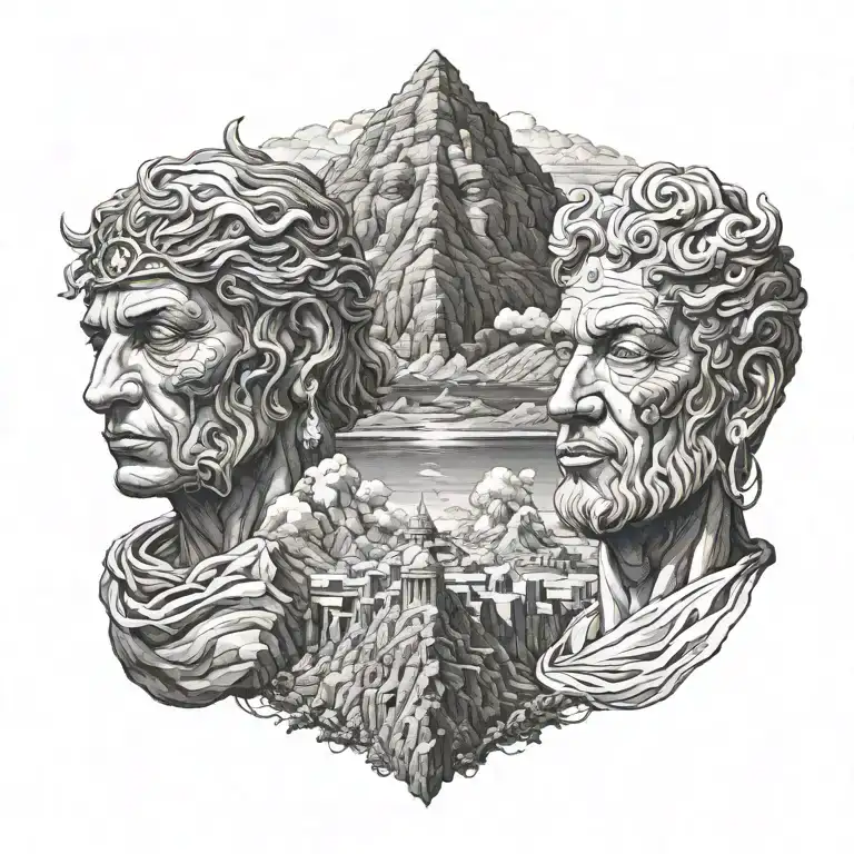 2 gods faces looking each other one morphs into a city and the other morphs into mountains tattoo design idea