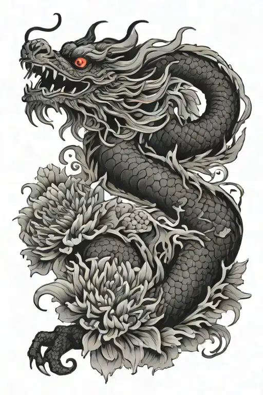 japanese dragon with chrysanthemums flower tattoo design idea