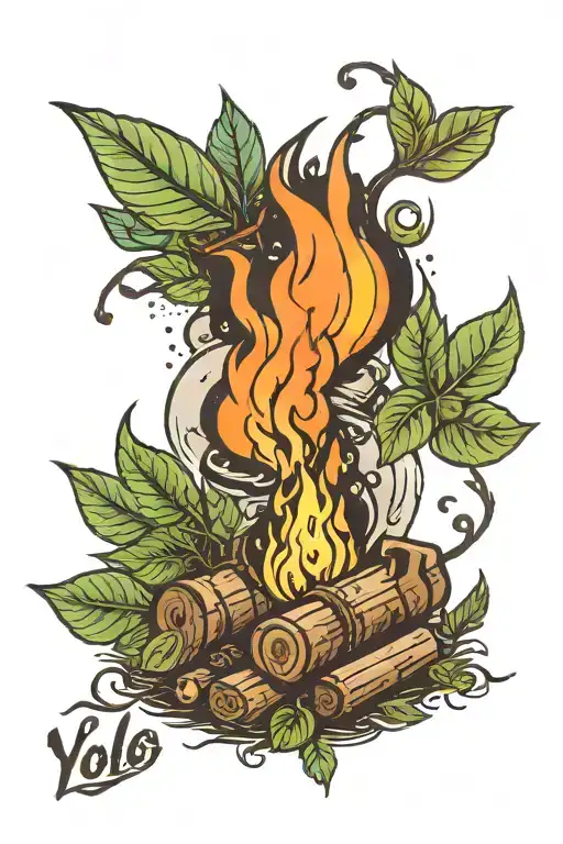 nature with leaves campfire and saying yolo  tattoo design idea