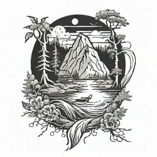 nature, fishing, black and white, mountains, stream, forest tattoo design idea