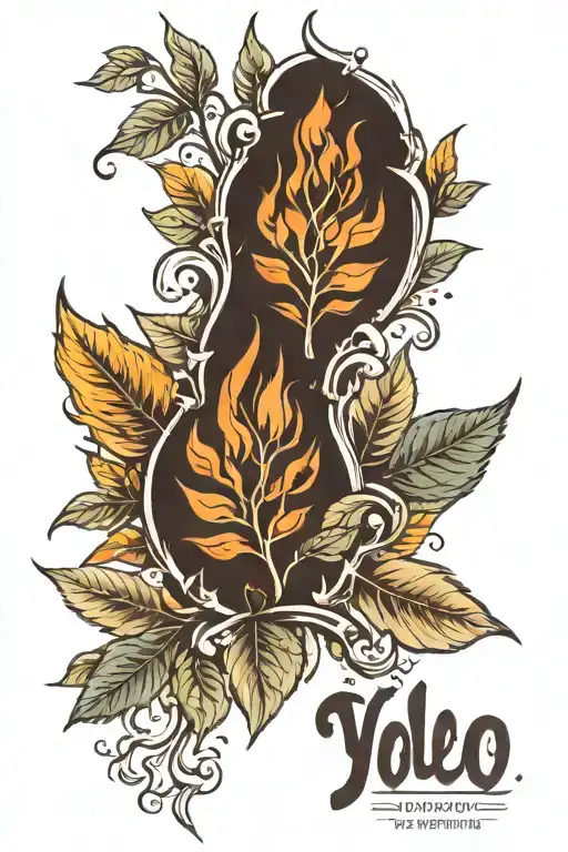 nature with leaves names inside leaves (melody, Benjamin, Crystal) campfire and saying yolo  tattoo design idea