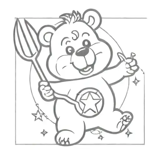 a care bear with horns, a pentagram on the stomach, holding a pitchfork tattoo design idea