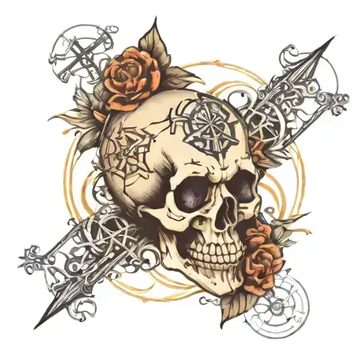 skull on lower sleeve, compass, cross  tattoo design idea