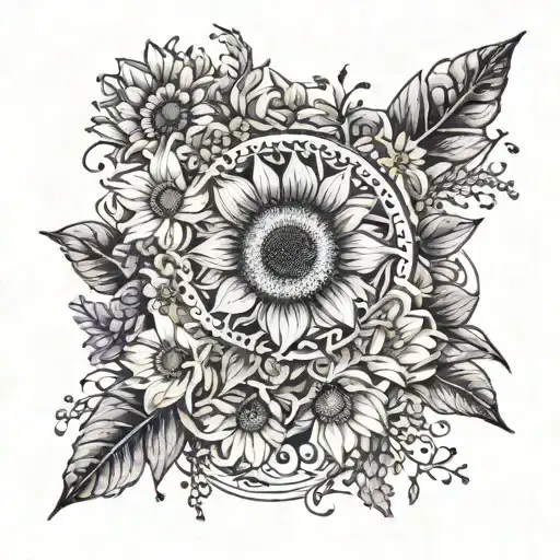 sunflower, gypsophila, lavender flower circle tattoo tattoo design idea