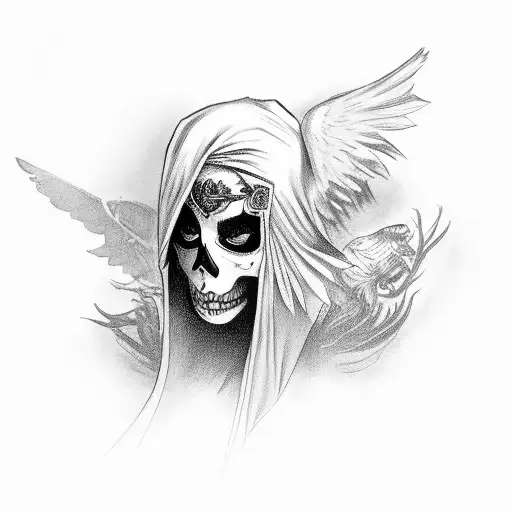 A mysterious femme fatale with a skull mask and dark wings tattoo design idea