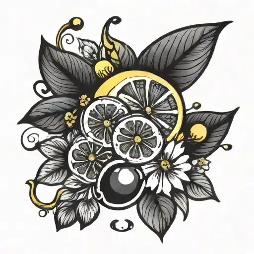 white and black.cherry and lemon wedge with flowers underneath  tattoo design idea