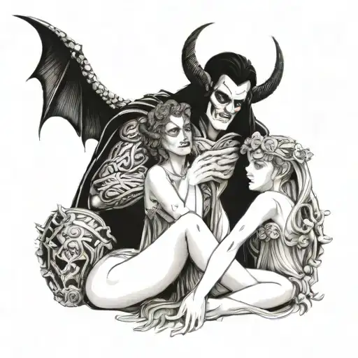 A tattoo of Hades and Persephone with Hades sitting with his hands crossed and looking up at Persephone towerinf overhim tattoo design idea