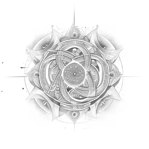 Spiritual symbols intertwined with celestial bodies tattoo design idea