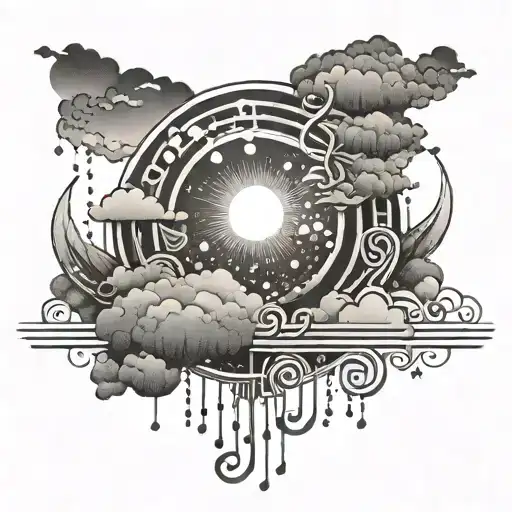 An intricate design of a sun and rain clouds intertwined with musical notes, representing the harmony of nature and music tattoo design idea