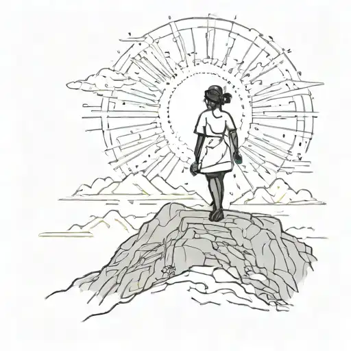 A silhouette of a nurse standing on a mountain peak, with a pixelated sun rising in the background, symbolizing strength and resilience tattoo design idea