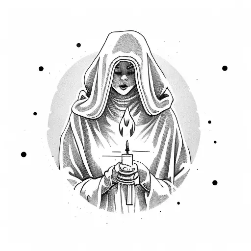 woman in hooded robe holding a lit candle  tattoo design idea