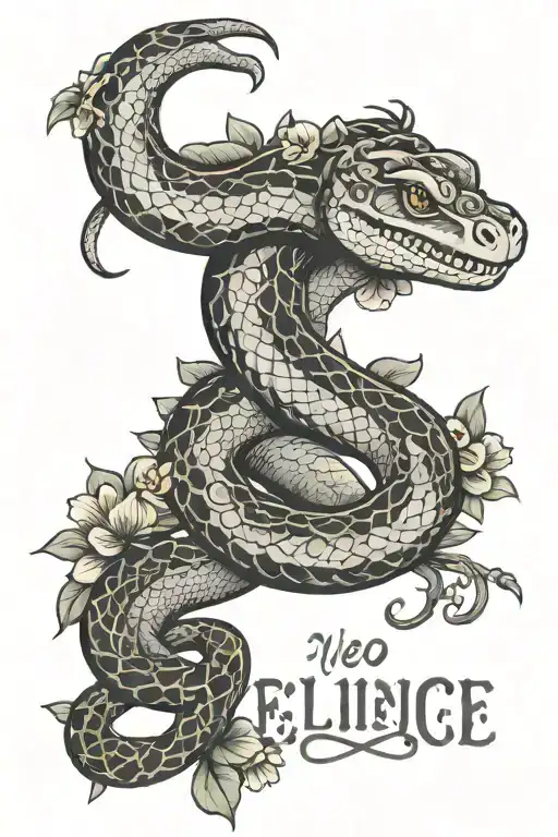 black and grey snake slithering upwards with flowers wrapped around and the word resilience intertwined old English font tattoo design idea