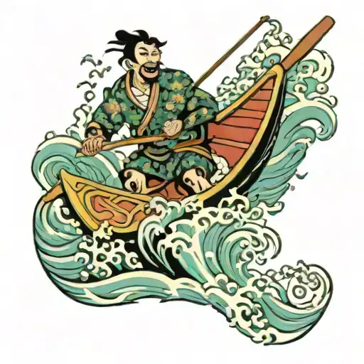 man on canoe going through waves  tattoo design idea