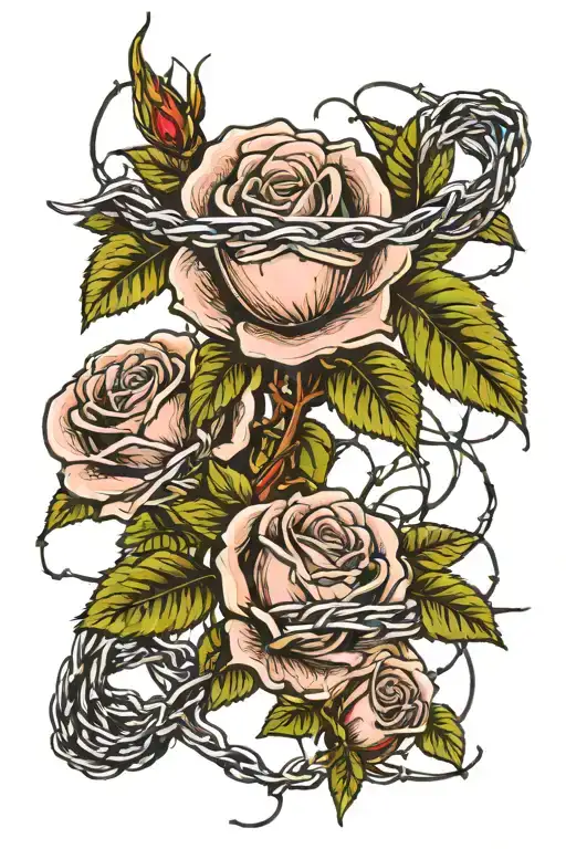 rose bush and barbed wire wrapped tattoo design idea