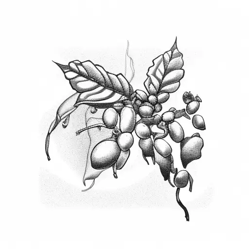 An intricate black and grey tattoo of a coffee bean plant growing on a mountain tattoo design idea