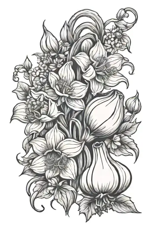 3 garlic bulbs braided together with blooming flowers tattoo design idea