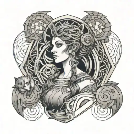 goddess Hecate in a faded geometric lower arm sleeve tattoo design idea