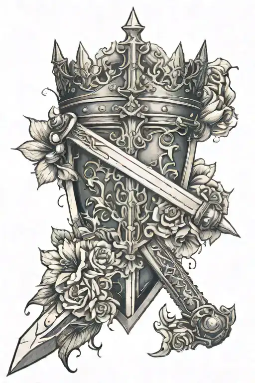 A Knight's sword facing down with the end going through a kings crown and flowers coming out of the top of the sword and tattoo design idea