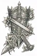 A Knight's sword facing down with the end going through a kings crown and flowers coming out of the top of the sword and tattoo design idea