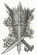 A Knight's sword facing down with the end going through a kings crown and flowers coming out of the top of the sword and tattoo design idea