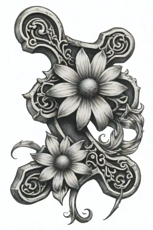cross, daisy fishing hook hanging tattoo design idea